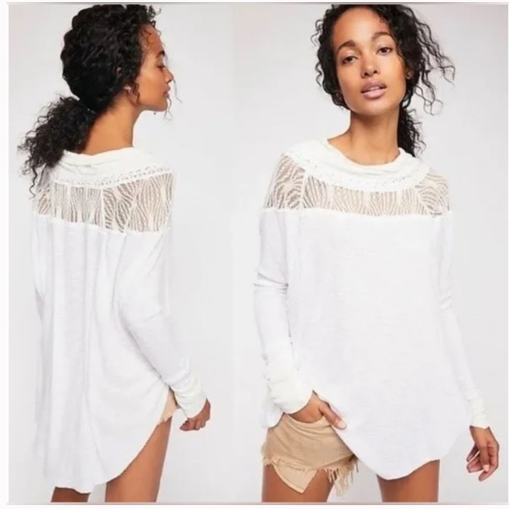 11 NWT Free People Spring Valley Ivory Lace Waffle Knit Boho Blouse Large